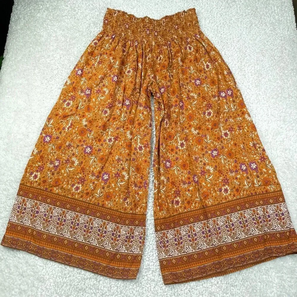 Natural Life Make A Move Palazzo Wide Leg Pants Camel Brown Purple Floral - Picture 2 of 10